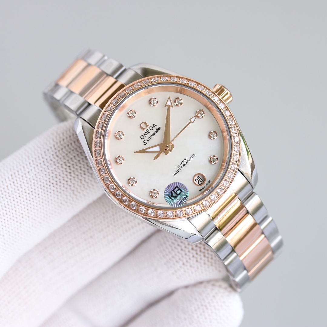 “White Crust 2415 Gold Shell Drill Omega AP5 Seahorse 34mm Watch – Perfect Gift for Girls”