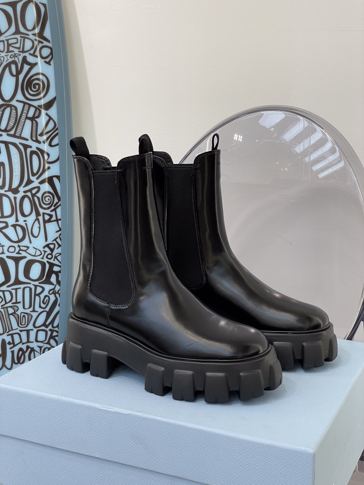PRADA Chelsea Ankle Boots Leather Chunky Sole
