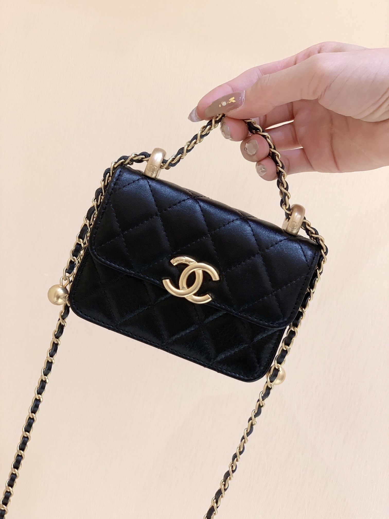 Chanel 2021早秋高级手工坊双金珠系列小方包 AP2290黑色