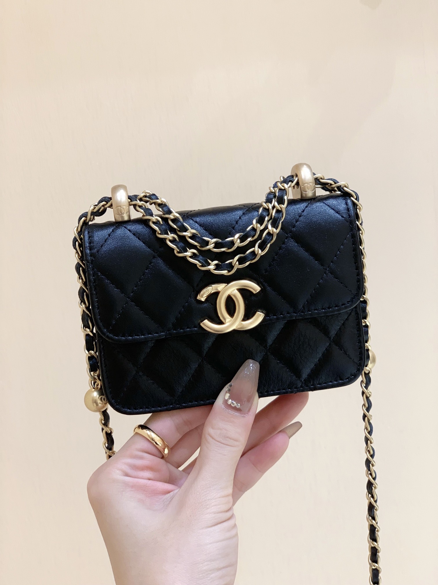 Chanel 2021早秋高级手工坊双金珠系列小方包 AP2290黑色