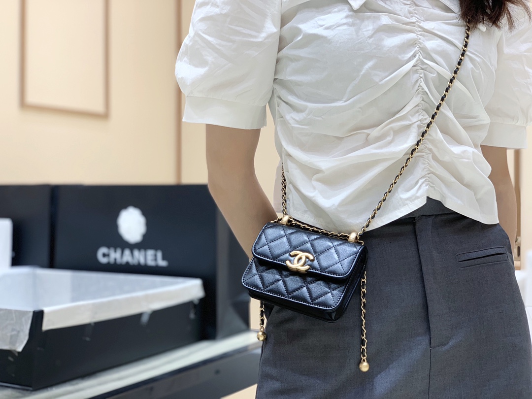 Chanel 2021早秋高级手工坊双金珠系列小方包 AP2290黑色