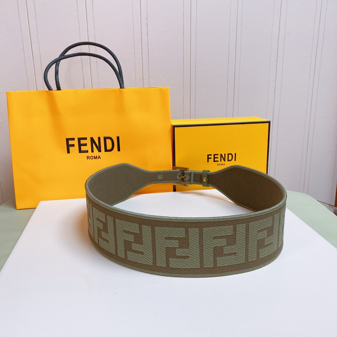 [Fendi Belts]Fendi green canvas high waisted belt.6 cm Brown canvas material