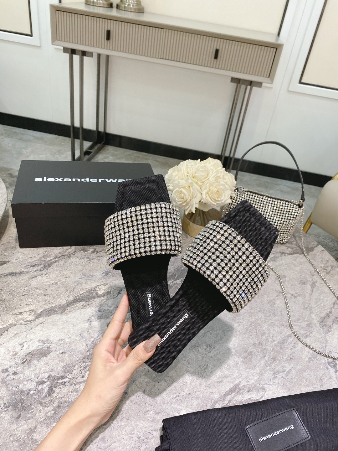 Alexander Wang lexander Wang大王新款方头水钻拖鞋