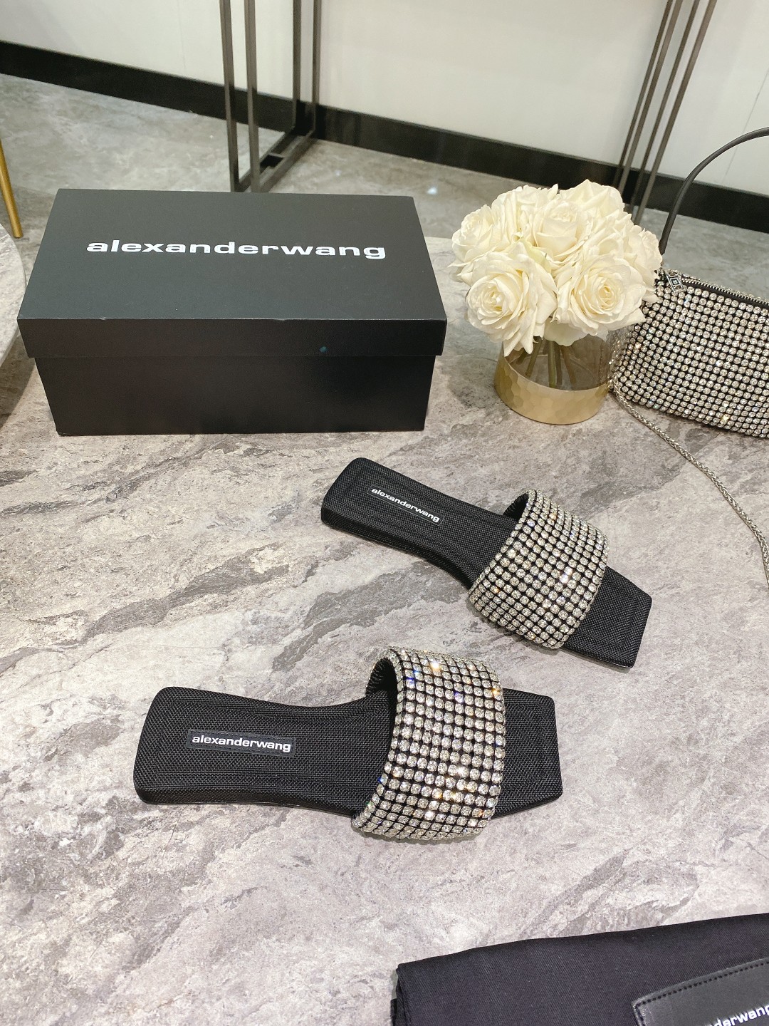 Alexander Wang lexander Wang大王新款方头水钻拖鞋