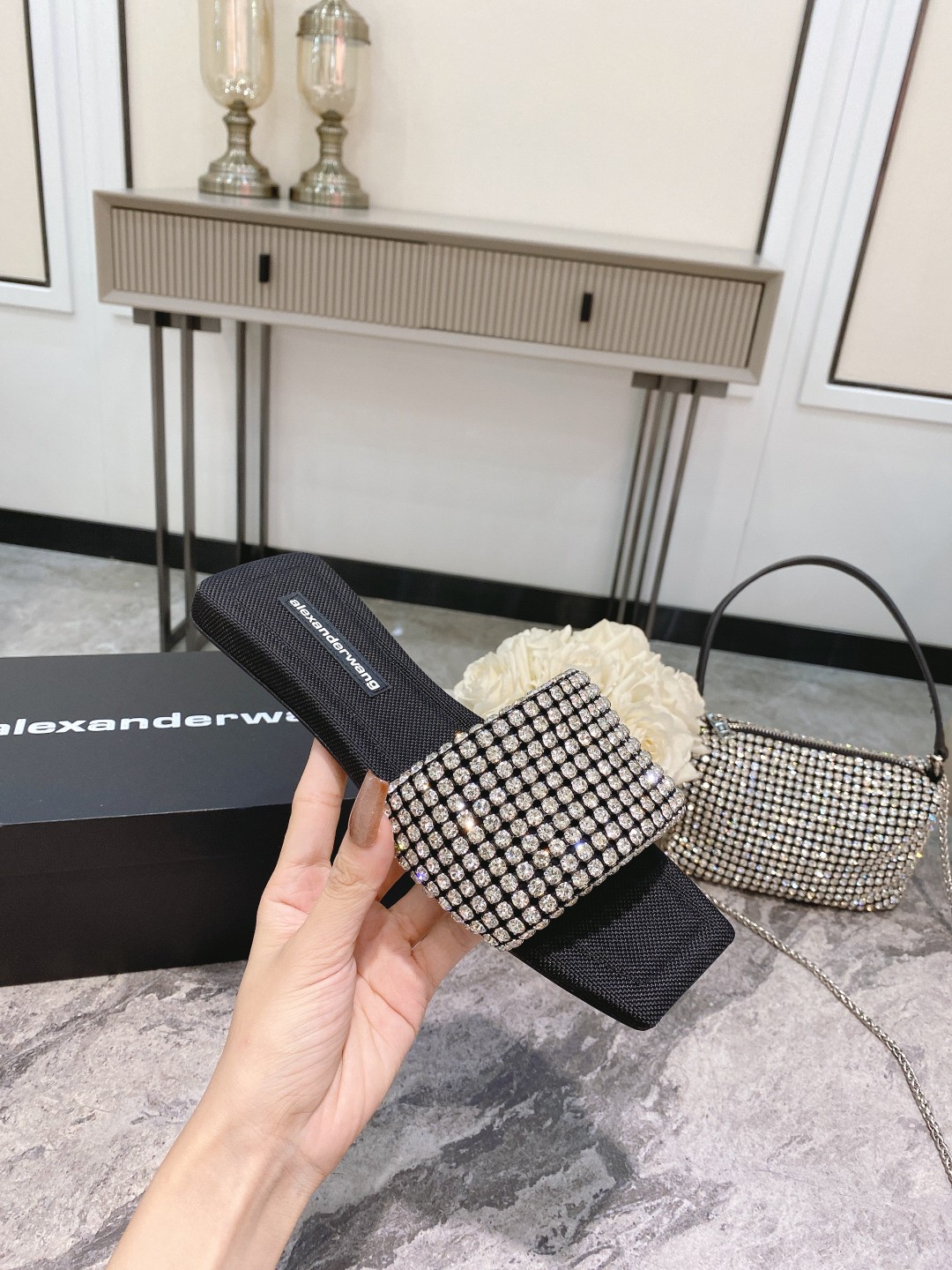 Alexander Wang lexander Wang大王新款方头水钻拖鞋