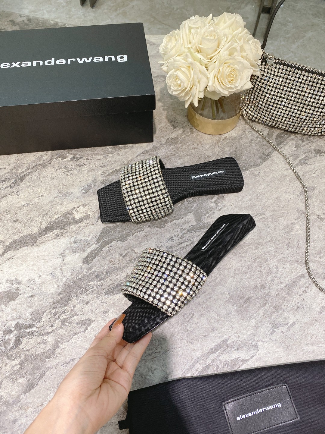 Alexander Wang lexander Wang大王新款方头水钻拖鞋
