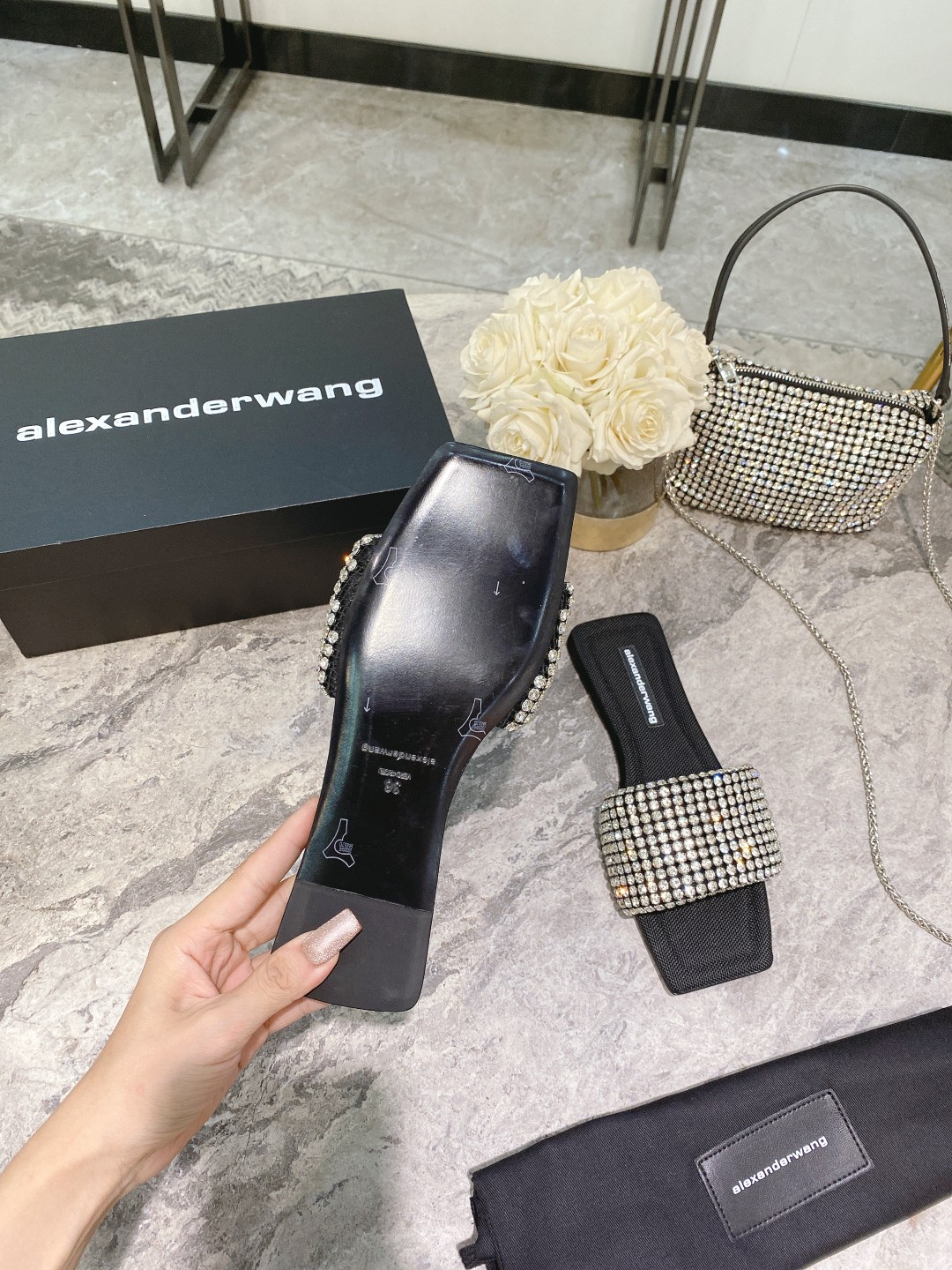 Alexander Wang lexander Wang大王新款方头水钻拖鞋