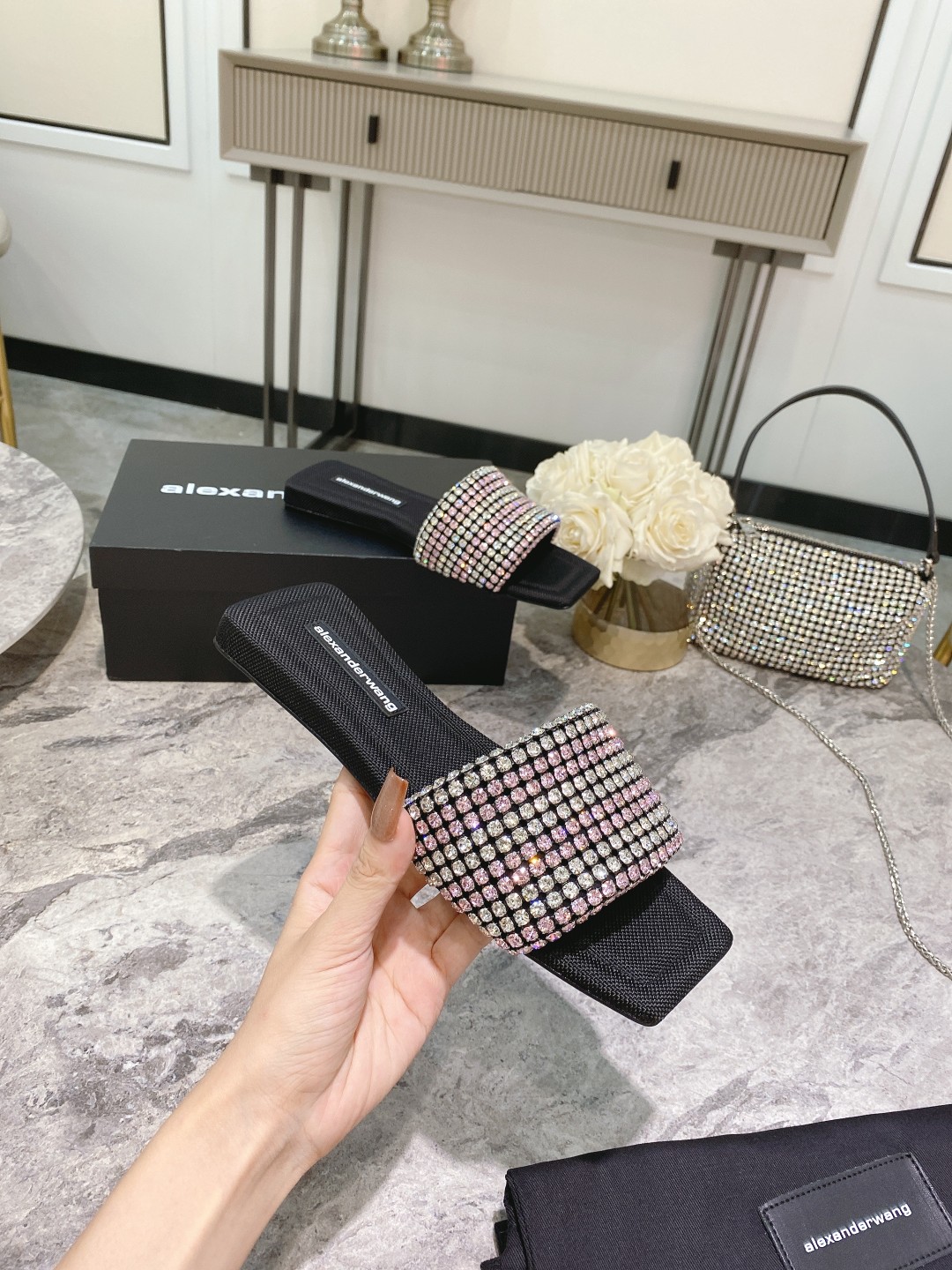 Alexander Wang lexander Wang大王新款方头水钻拖鞋