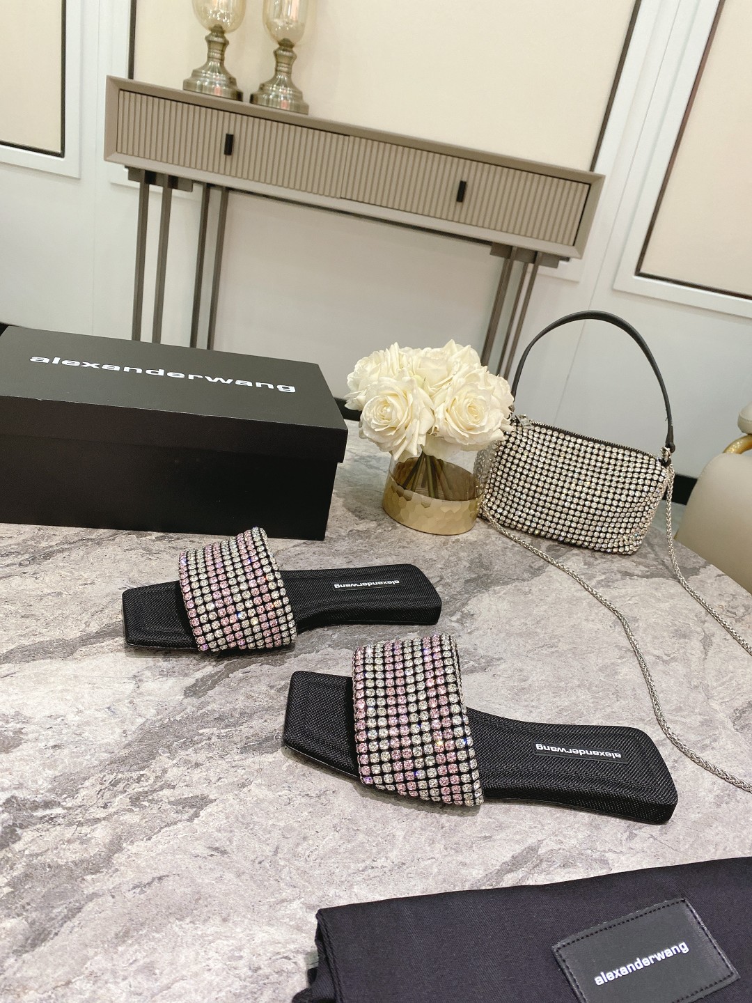 Alexander Wang lexander Wang大王新款方头水钻拖鞋