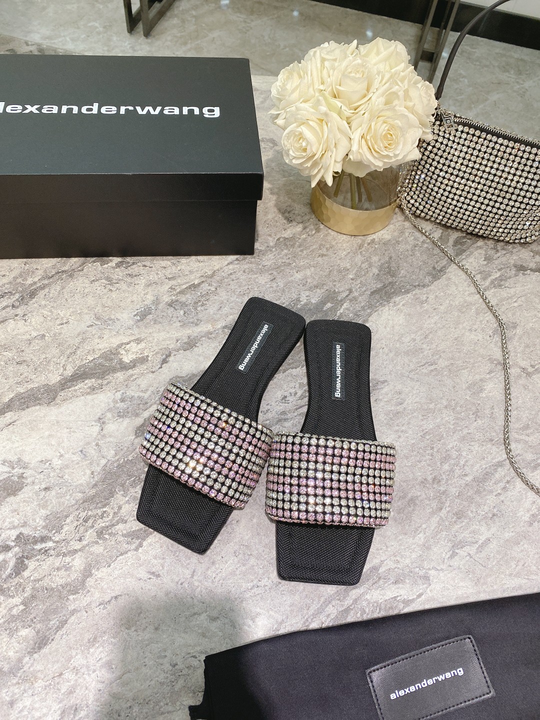 Alexander Wang lexander Wang大王新款方头水钻拖鞋