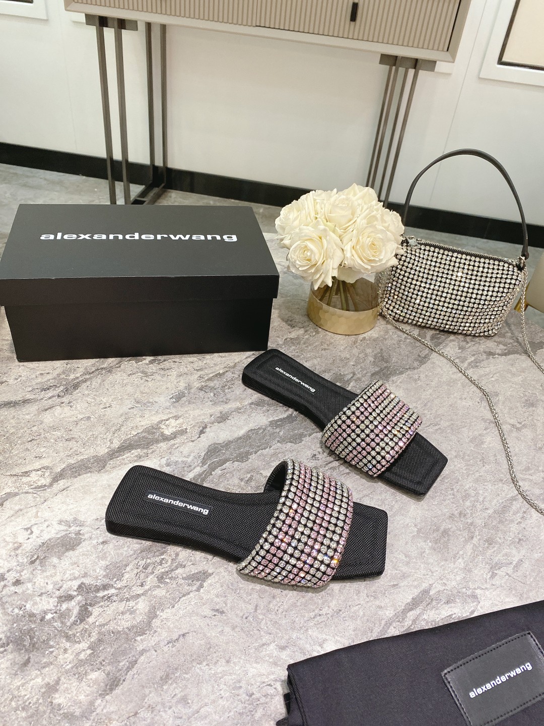 Alexander Wang lexander Wang大王新款方头水钻拖鞋