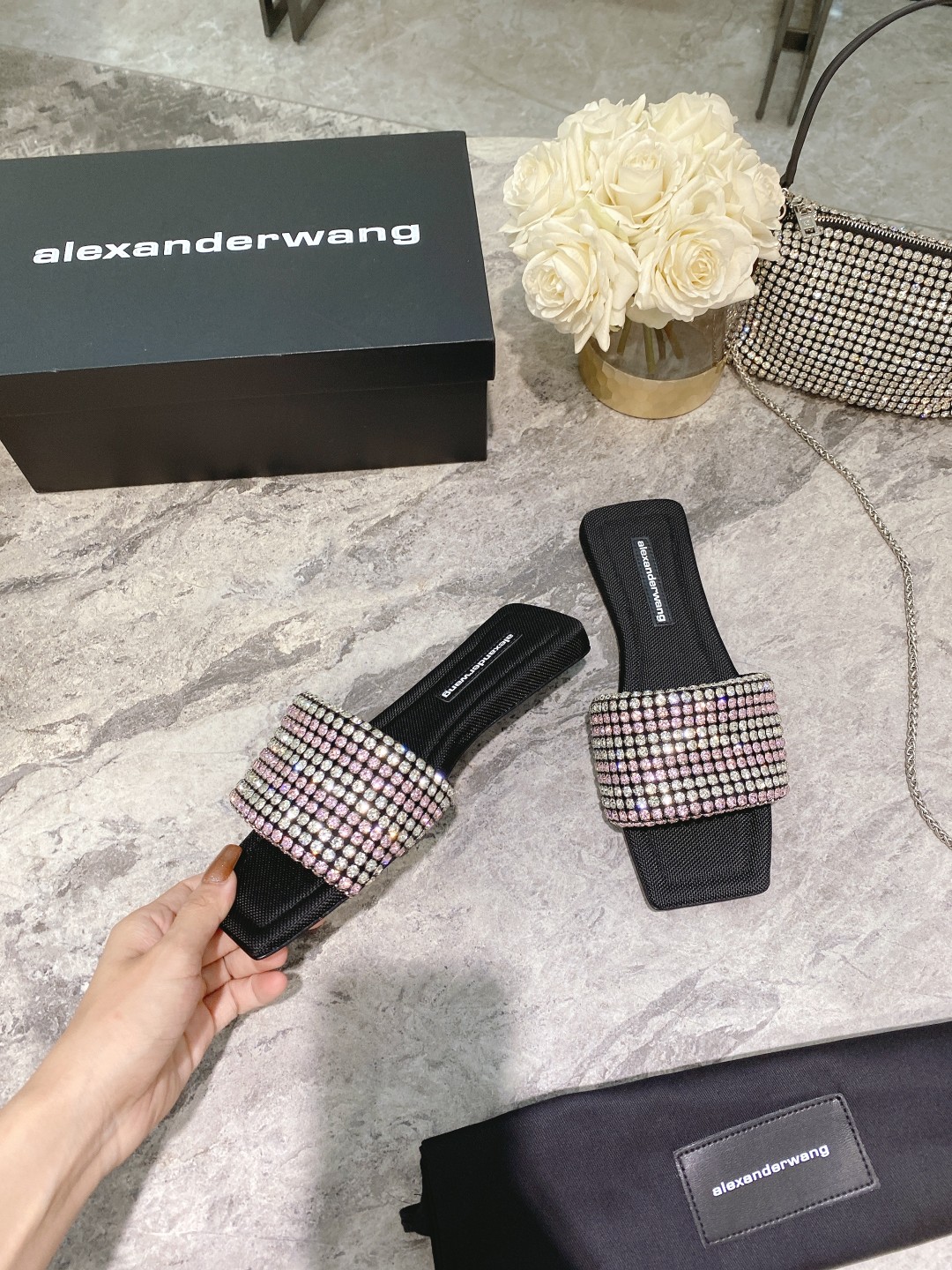 Alexander Wang lexander Wang大王新款方头水钻拖鞋