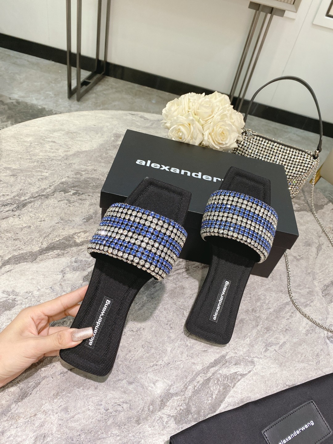 Alexander Wang lexander Wang大王新款方头水钻拖鞋