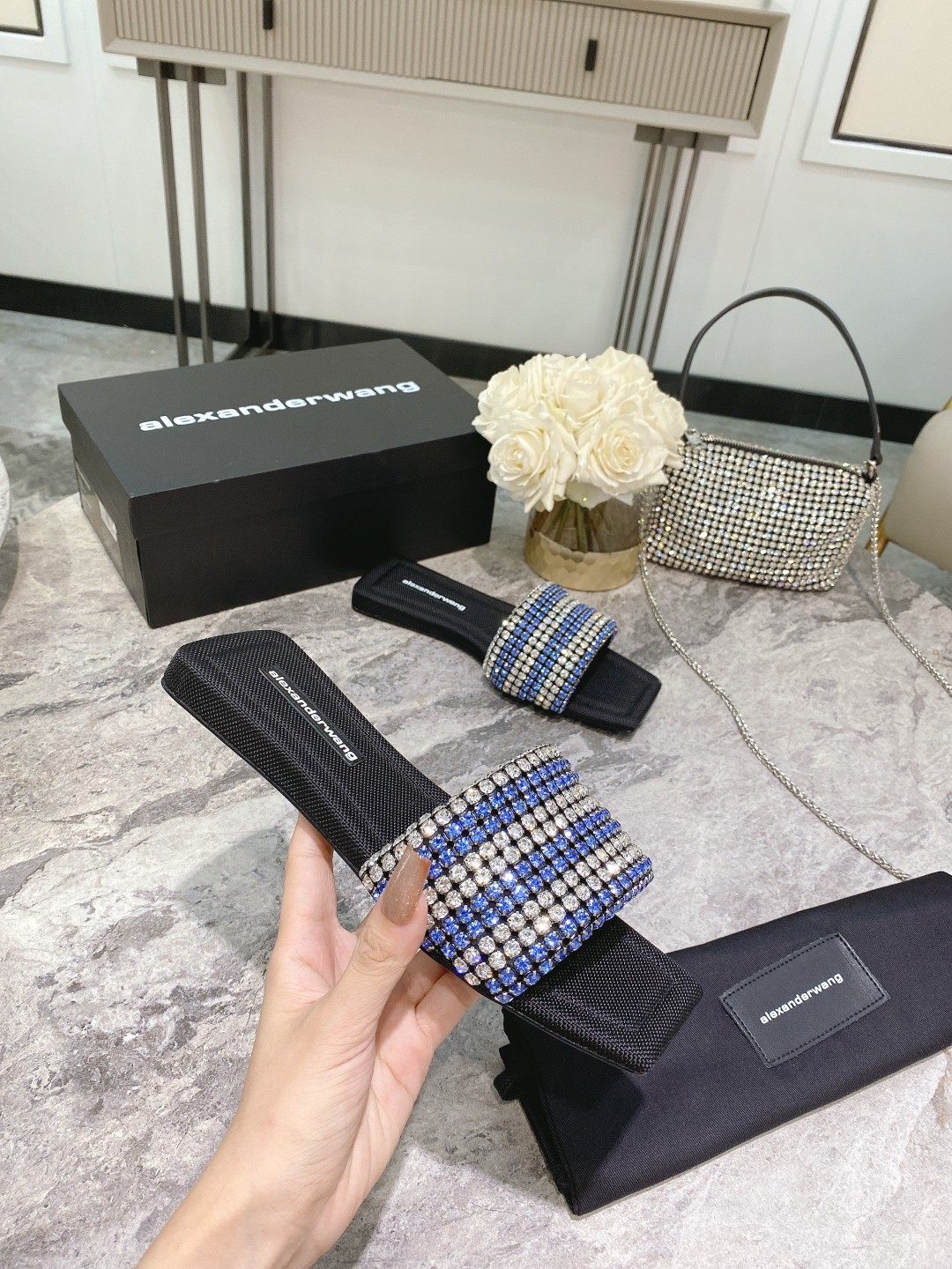 Alexander Wang lexander Wang大王新款方头水钻拖鞋