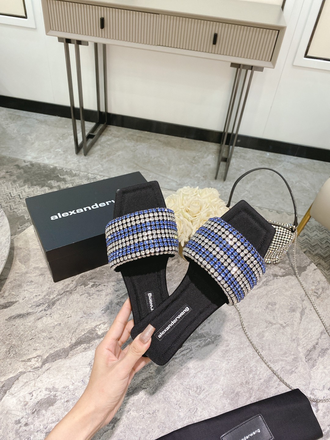 Alexander Wang lexander Wang大王新款方头水钻拖鞋