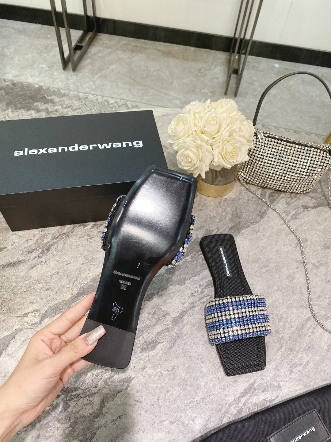 Alexander Wang lexander Wang大王新款方头水钻拖鞋