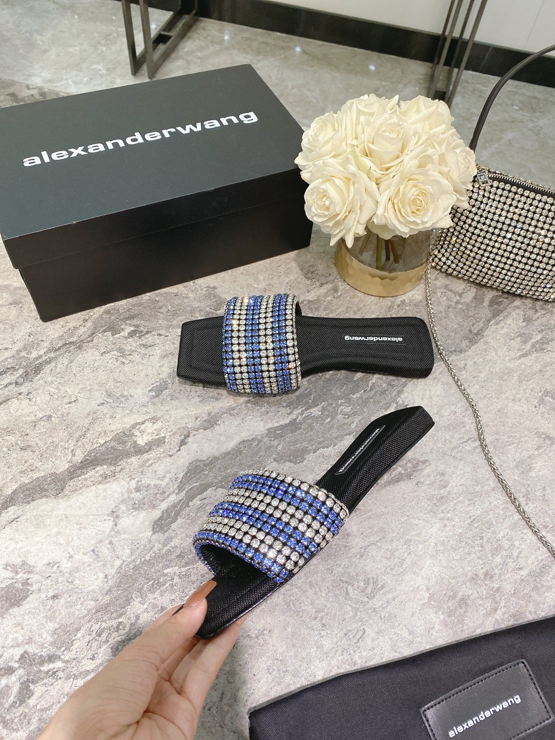 Alexander Wang lexander Wang大王新款方头水钻拖鞋