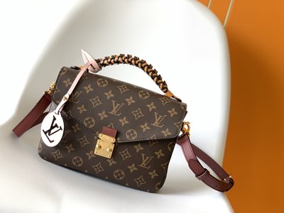 What Louis Vuitton LV Pochette MeTis Handbags Messenger Bags Gold Maroon Orange Red White Weave Monogram Canvas Cowhide M44668