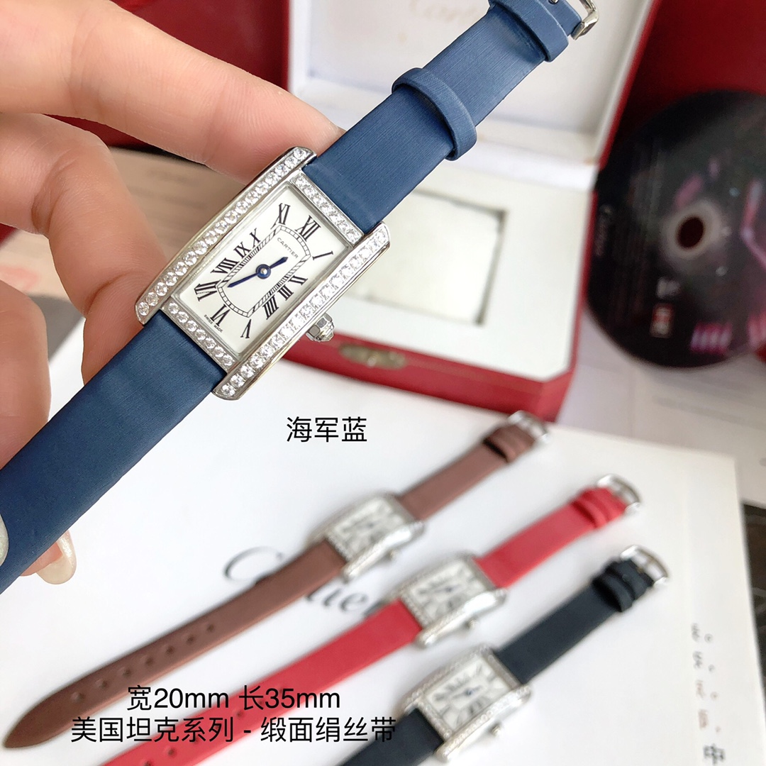 Cartier 卡地亚美国坦克系列 小号表款 进口瑞士石英机芯 316L精钢表壳 拱形宝石镜面 淬火钢蓝指针
