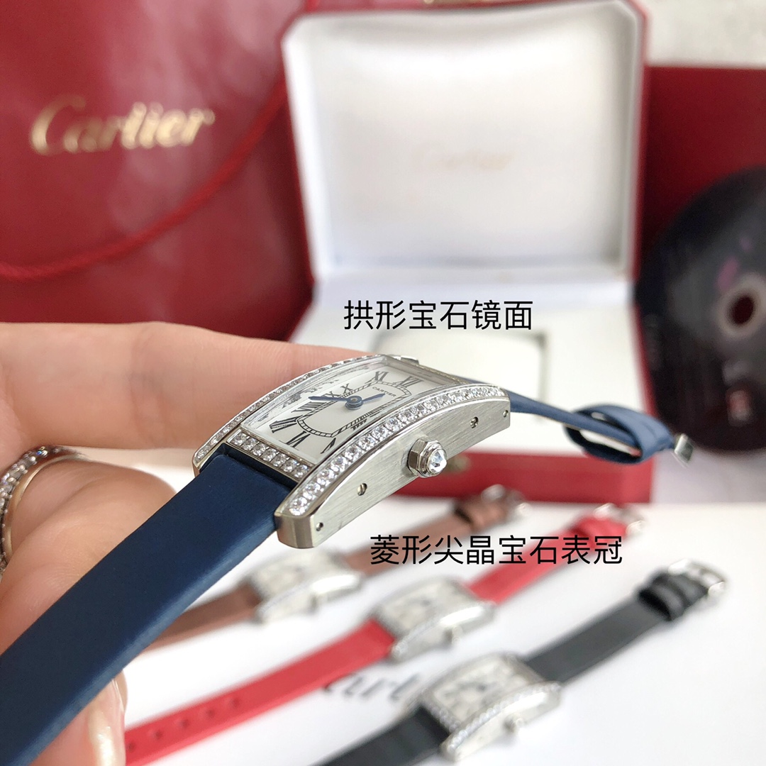 Cartier 卡地亚美国坦克系列 小号表款 进口瑞士石英机芯 316L精钢表壳 拱形宝石镜面 淬火钢蓝指针