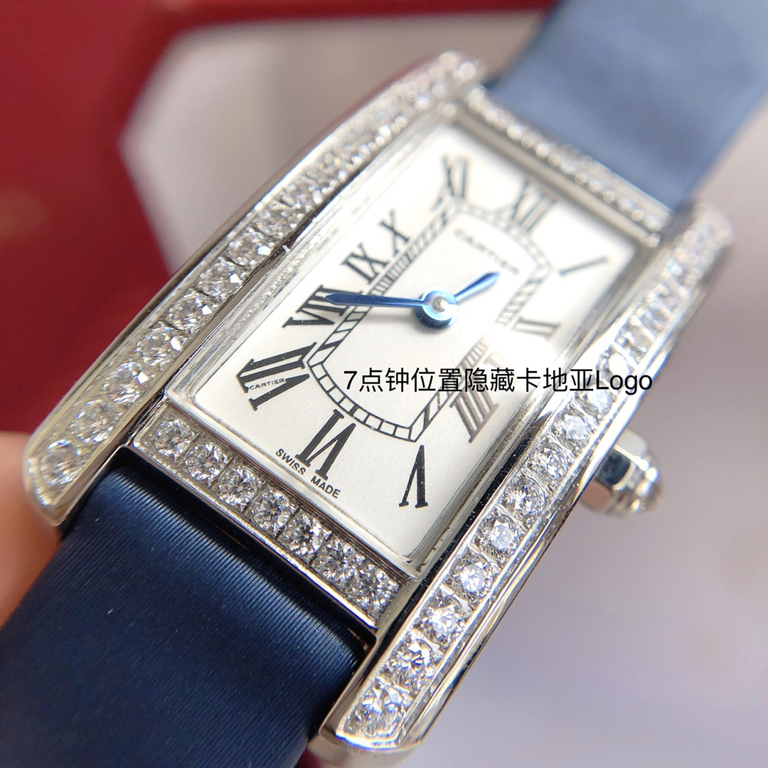 Cartier 卡地亚美国坦克系列 小号表款 进口瑞士石英机芯 316L精钢表壳 拱形宝石镜面 淬火钢蓝指针