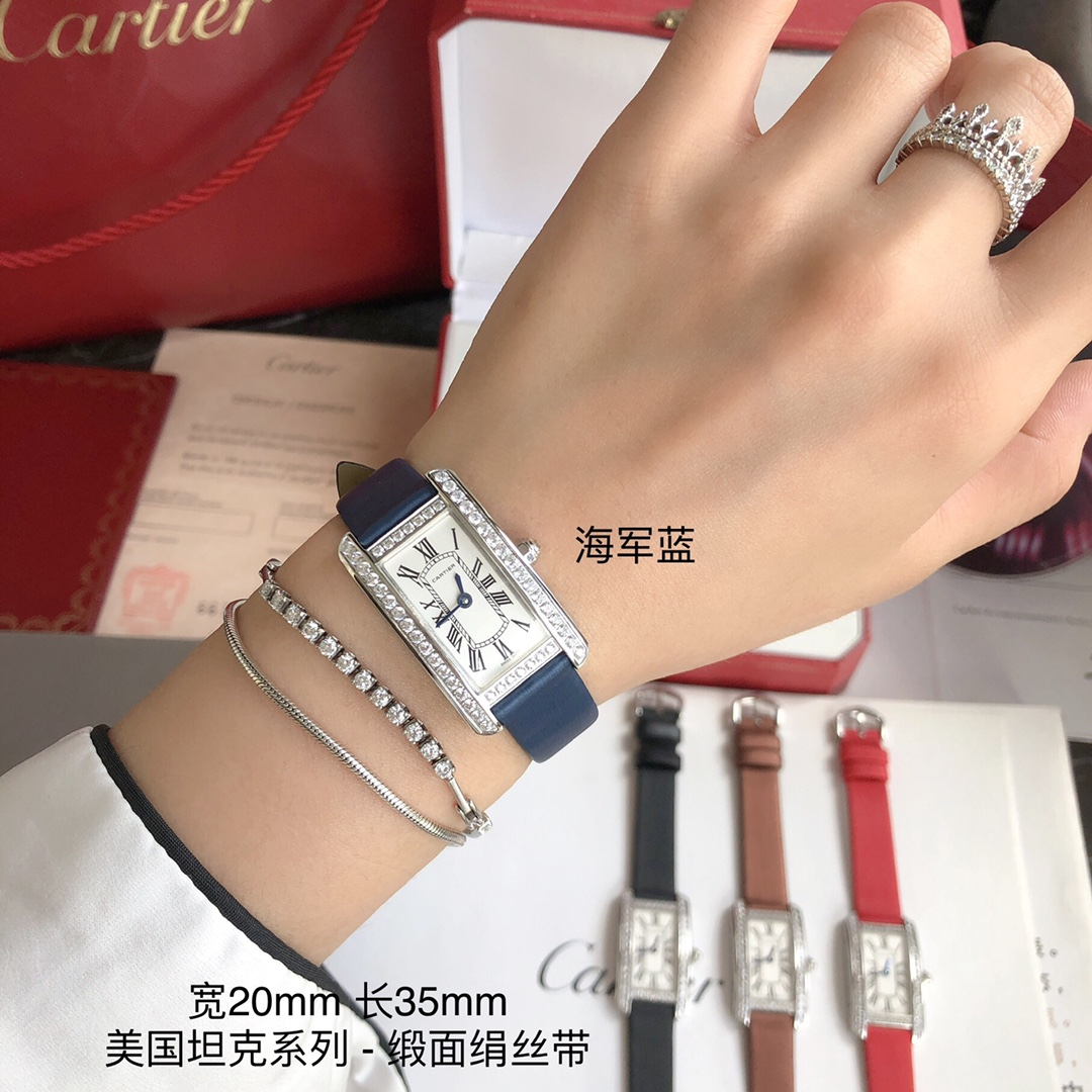 Cartier 卡地亚美国坦克系列 小号表款 进口瑞士石英机芯 316L精钢表壳 拱形宝石镜面 淬火钢蓝指针
