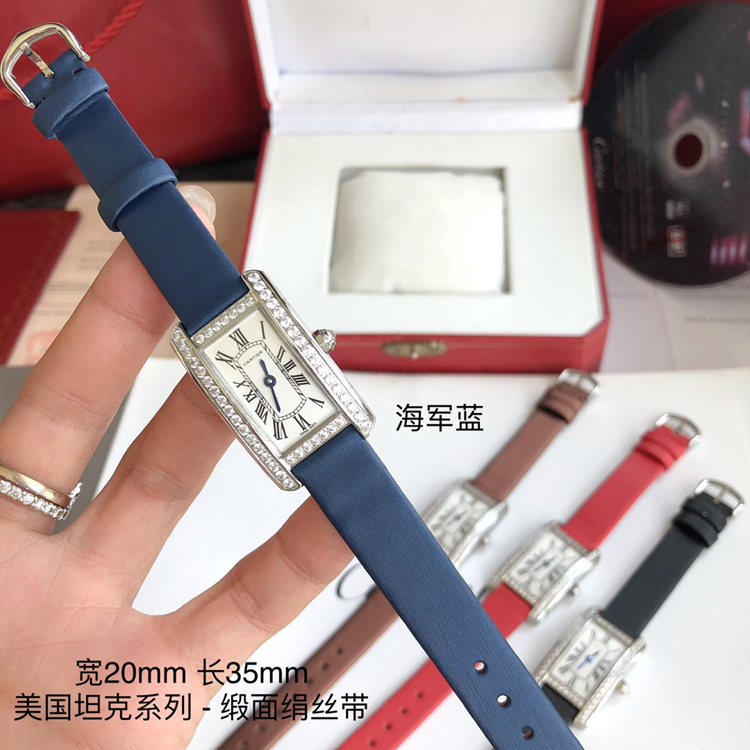 Cartier 卡地亚美国坦克系列 小号表款 进口瑞士石英机芯 316L精钢表壳 拱形宝石镜面 淬火钢蓝指针