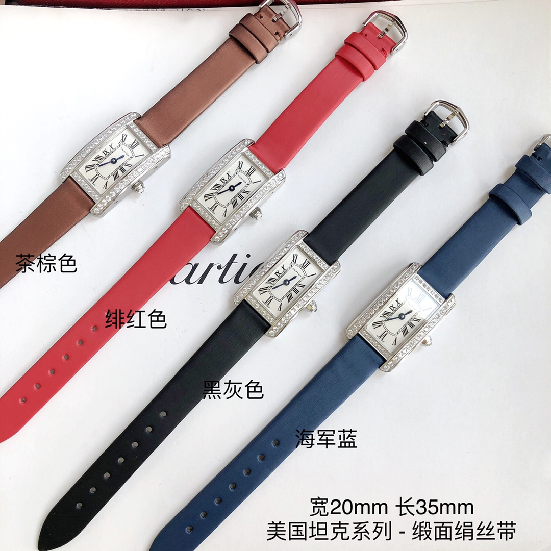 Cartier 卡地亚美国坦克系列 小号表款 进口瑞士石英机芯 316L精钢表壳 拱形宝石镜面 淬火钢蓝指针