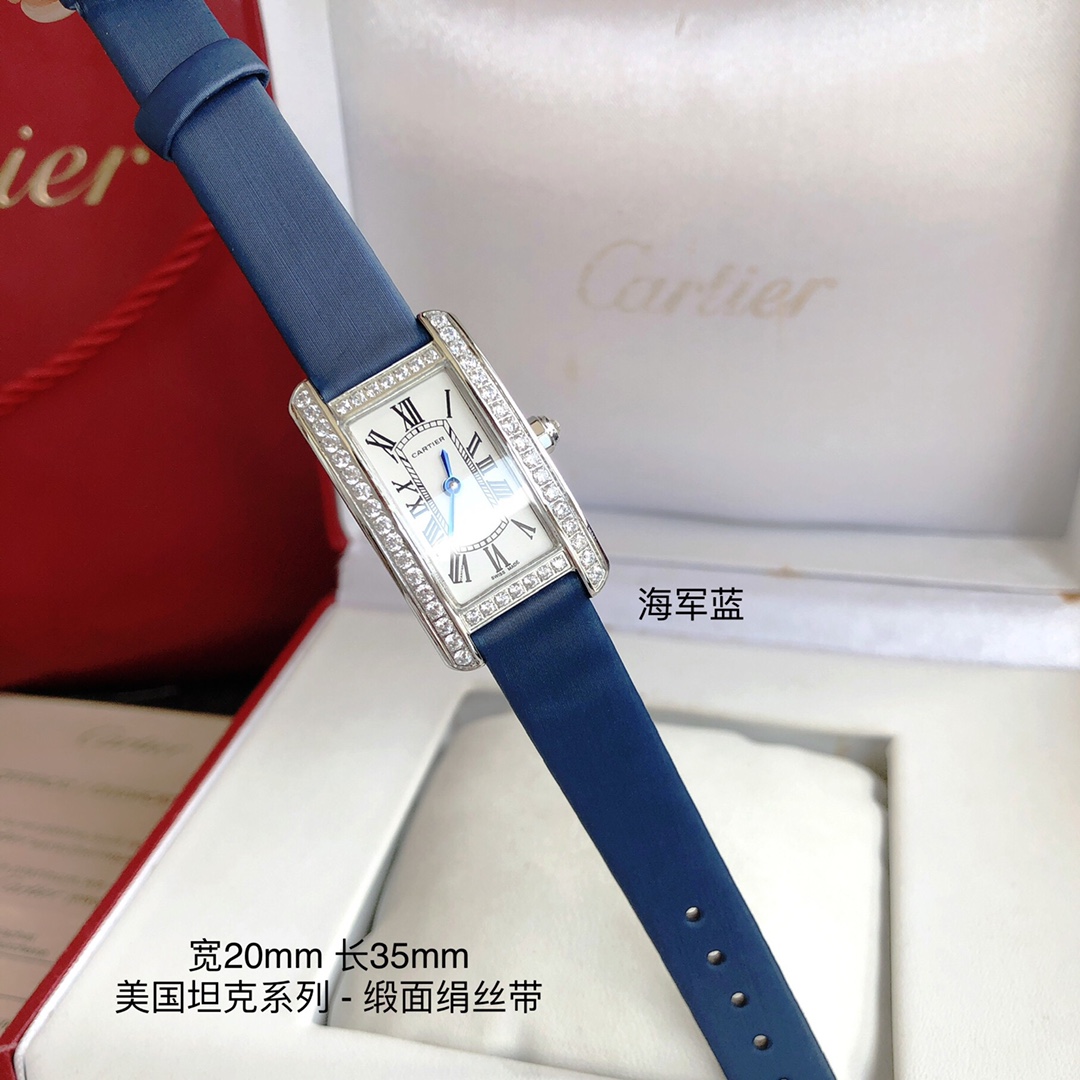 Cartier 卡地亚美国坦克系列 小号表款 进口瑞士石英机芯 316L精钢表壳 拱形宝石镜面 淬火钢蓝指针