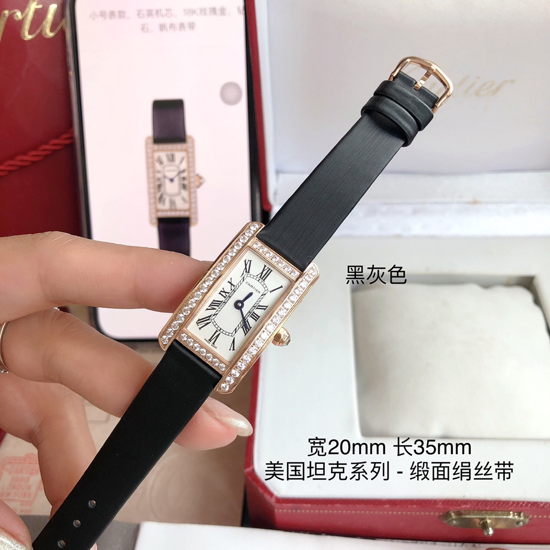 Cartier 卡地亚坦克系列 小号表款 316L精钢表壳 拱形宝石镜面 淬火钢蓝指针 鱼鳞片状316L精钢表链