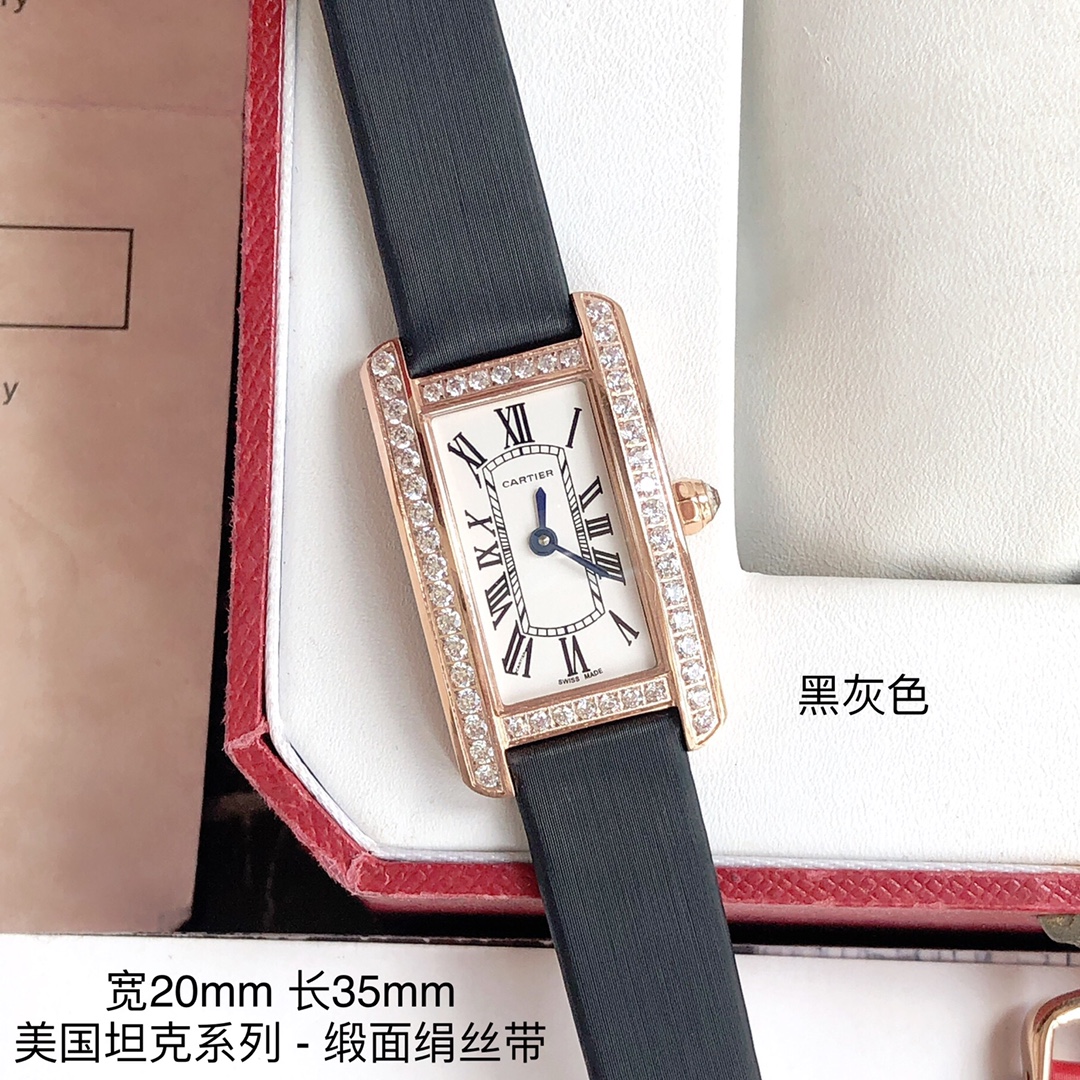 Cartier 卡地亚坦克系列 小号表款 316L精钢表壳 拱形宝石镜面 淬火钢蓝指针 鱼鳞片状316L精钢表链