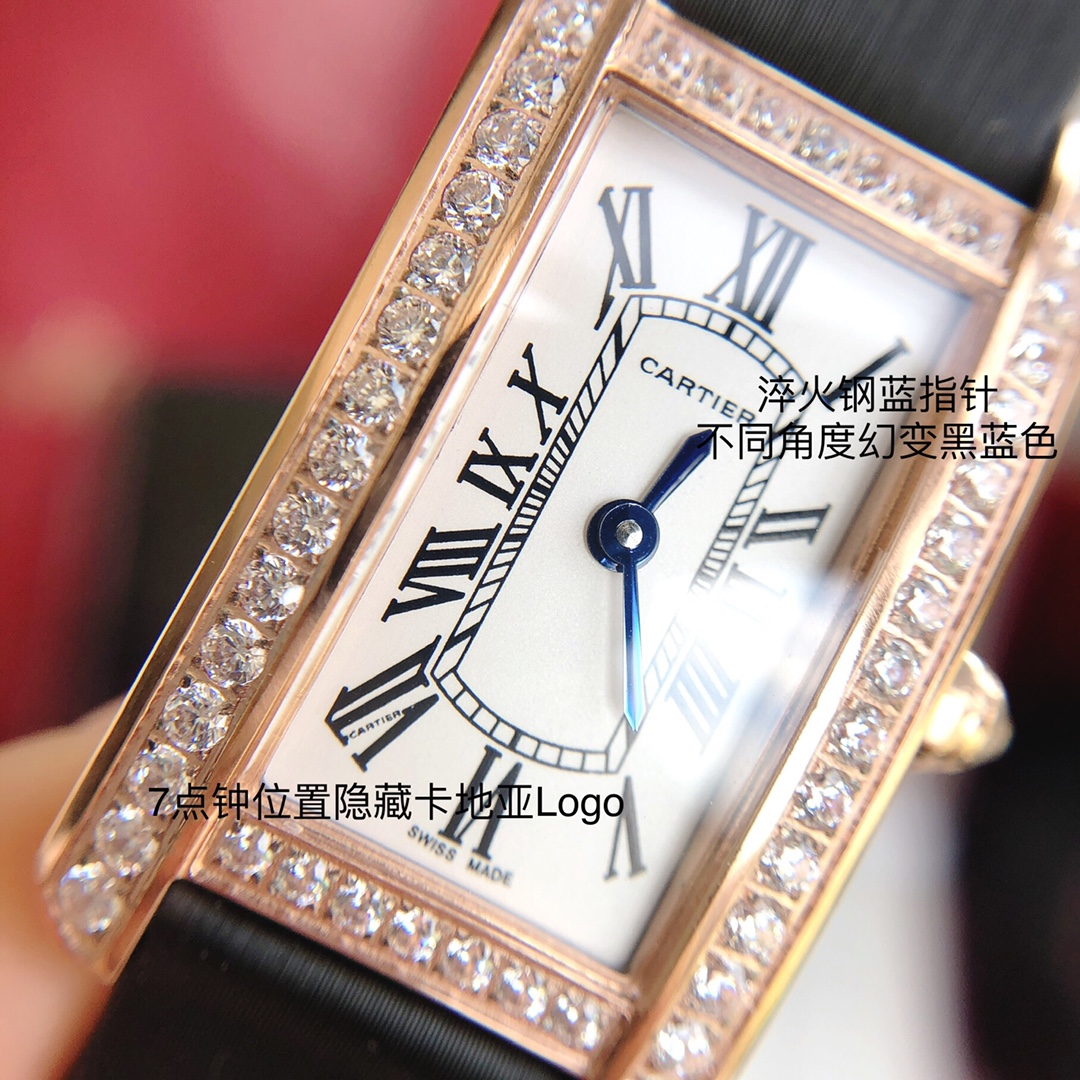 Cartier 卡地亚坦克系列 小号表款 316L精钢表壳 拱形宝石镜面 淬火钢蓝指针 鱼鳞片状316L精钢表链