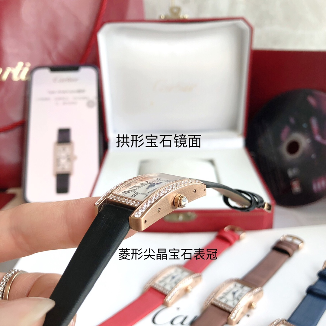 Cartier 卡地亚坦克系列 小号表款 316L精钢表壳 拱形宝石镜面 淬火钢蓝指针 鱼鳞片状316L精钢表链