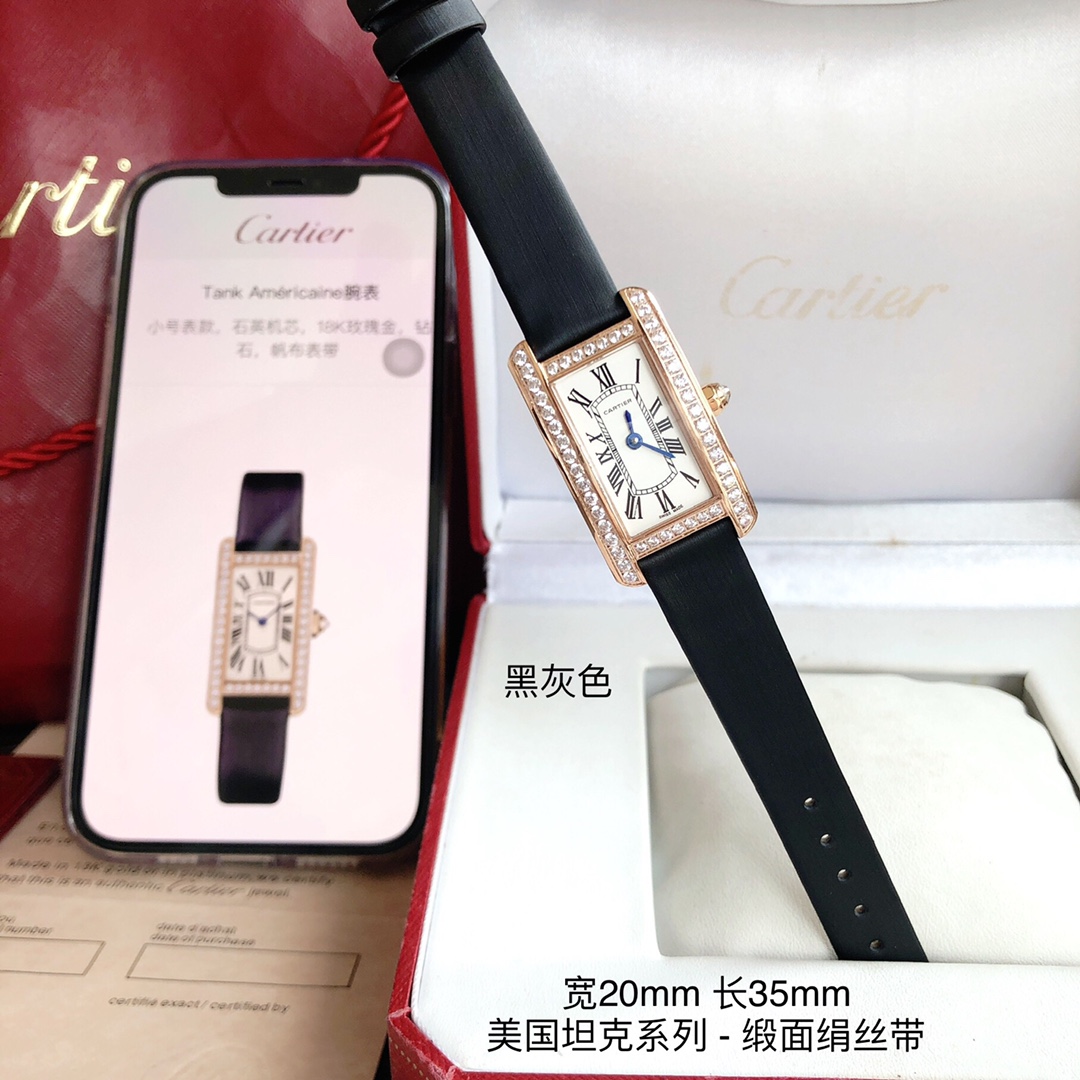 Cartier 卡地亚坦克系列 小号表款 316L精钢表壳 拱形宝石镜面 淬火钢蓝指针 鱼鳞片状316L精钢表链