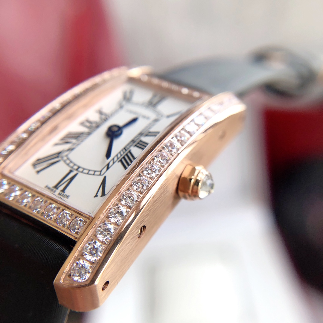 Cartier 卡地亚坦克系列 小号表款 316L精钢表壳 拱形宝石镜面 淬火钢蓝指针 鱼鳞片状316L精钢表链