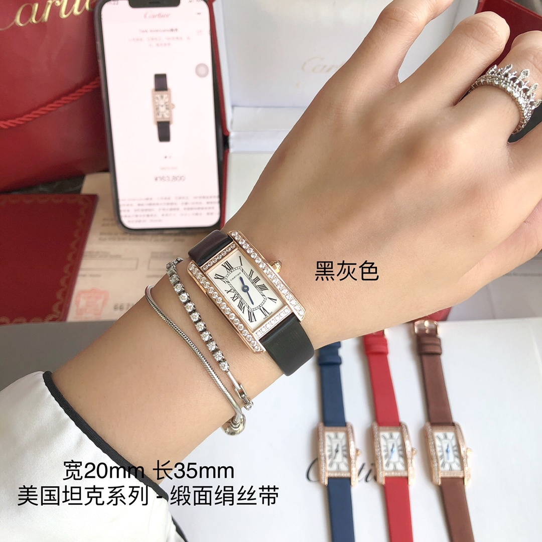 Cartier 卡地亚坦克系列 小号表款 316L精钢表壳 拱形宝石镜面 淬火钢蓝指针 鱼鳞片状316L精钢表链