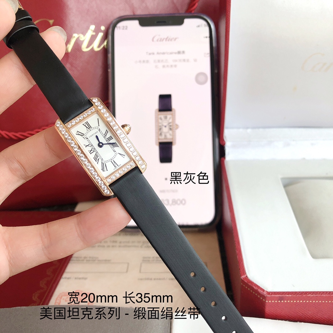 Cartier 卡地亚坦克系列 小号表款 316L精钢表壳 拱形宝石镜面 淬火钢蓝指针 鱼鳞片状316L精钢表链