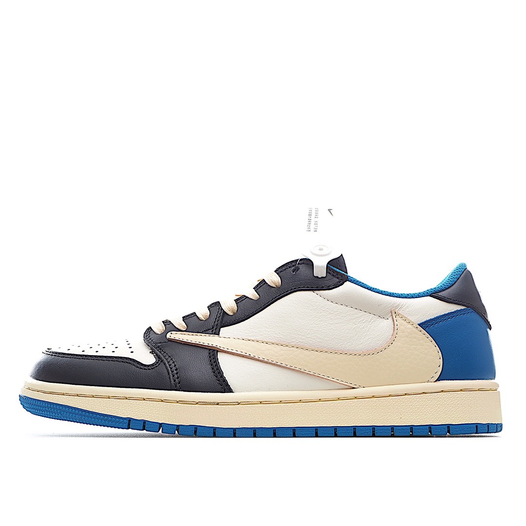 H5 Travis Scott x Fragment x Air Jordan 1 Low“Military Blue” 闪电倒勾低帮 整鞋以白色为主，搭配黑曜石鞋头和大学蓝鞋跟两种色调共同构成，内侧黑色 Swoosh，外侧则是白色「倒钩」，最后与钩子呼应的白色中底和蓝色外底收尾。当然了，鞋跟诸如「闪电」、「鬼脸」、「Cactus Jack」以及飞翼标识等彰显联名的信息。