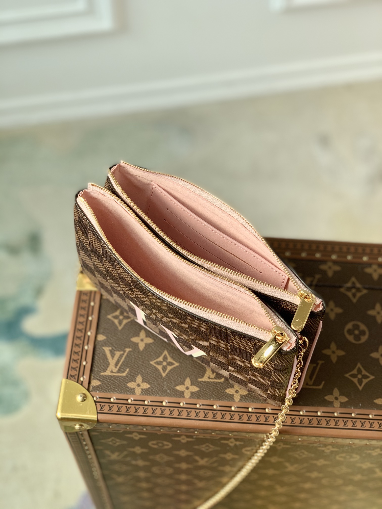 Louis Vuitton LV Double Zip Pochette bag N60254棕色棋盘格