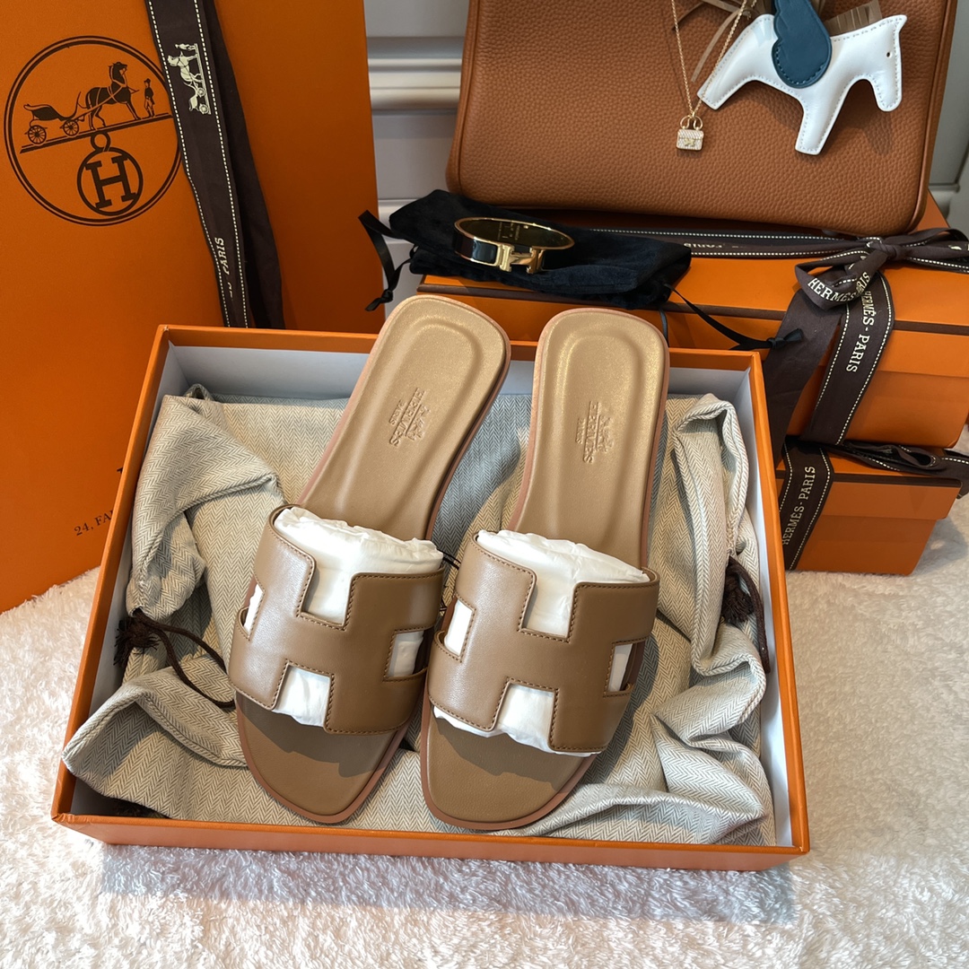 Hermes Buy Shoes Slippers Milk Tea Color Sewing Genuine Leather
