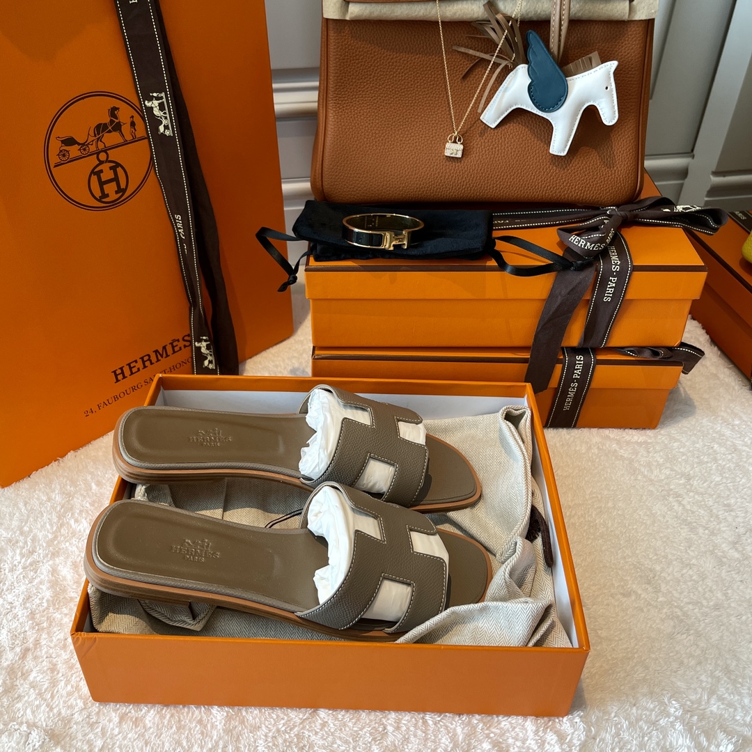 Hermes Shoes Slippers Grey Sewing Summer Collection