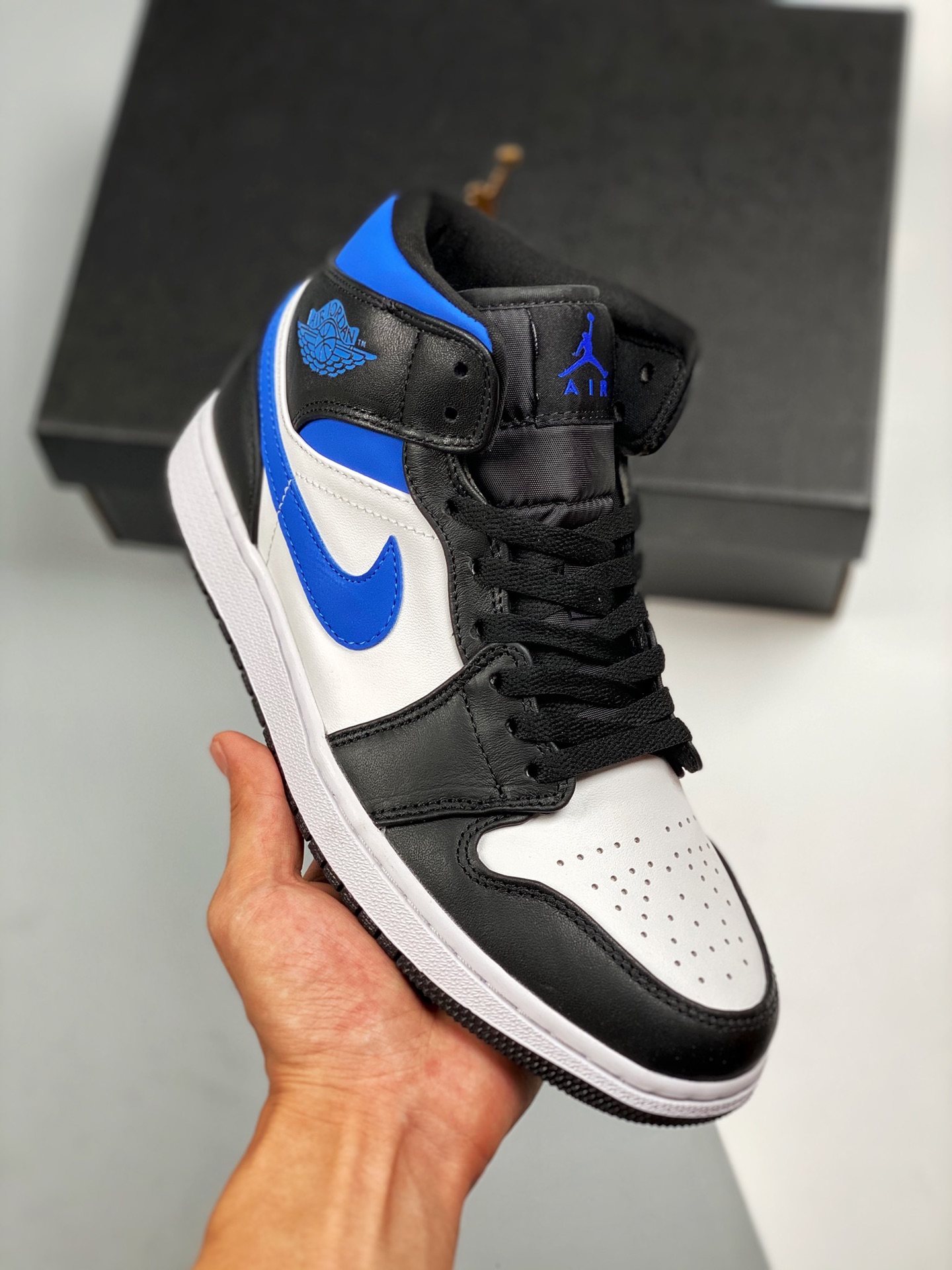 Apoyo en tienda 3 Air Jordan 1 Mid azul real, serie mid, nuevo lote, suela original con molde original, piel personaliz…