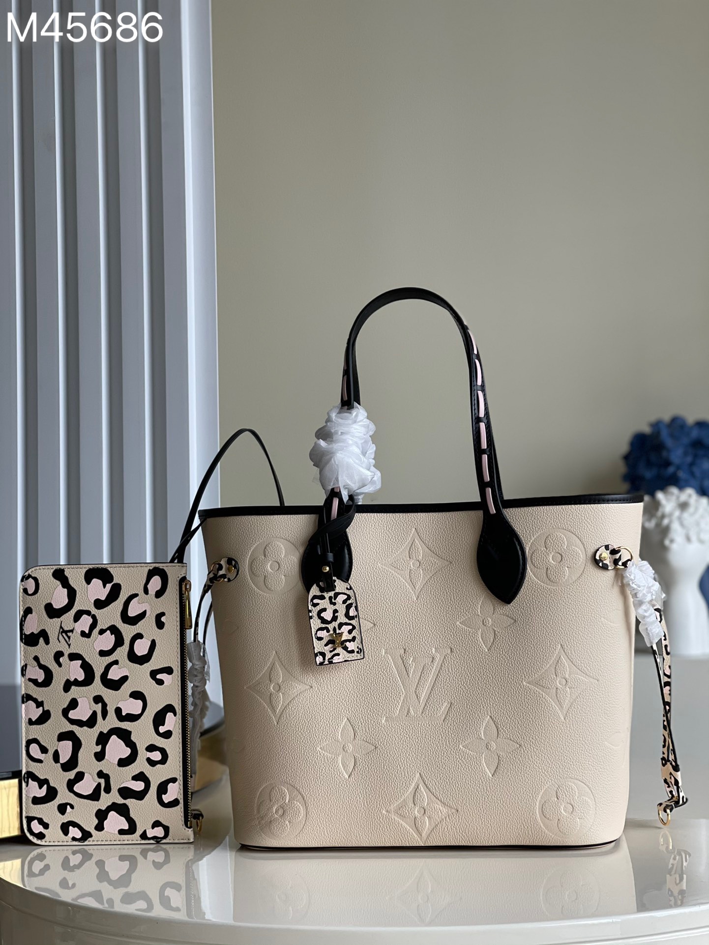 Louis Vuitton LV Neverfull Bags Handbags Beige Leopard Print White Printing Empreinte​ Weave Fall Collection M45686