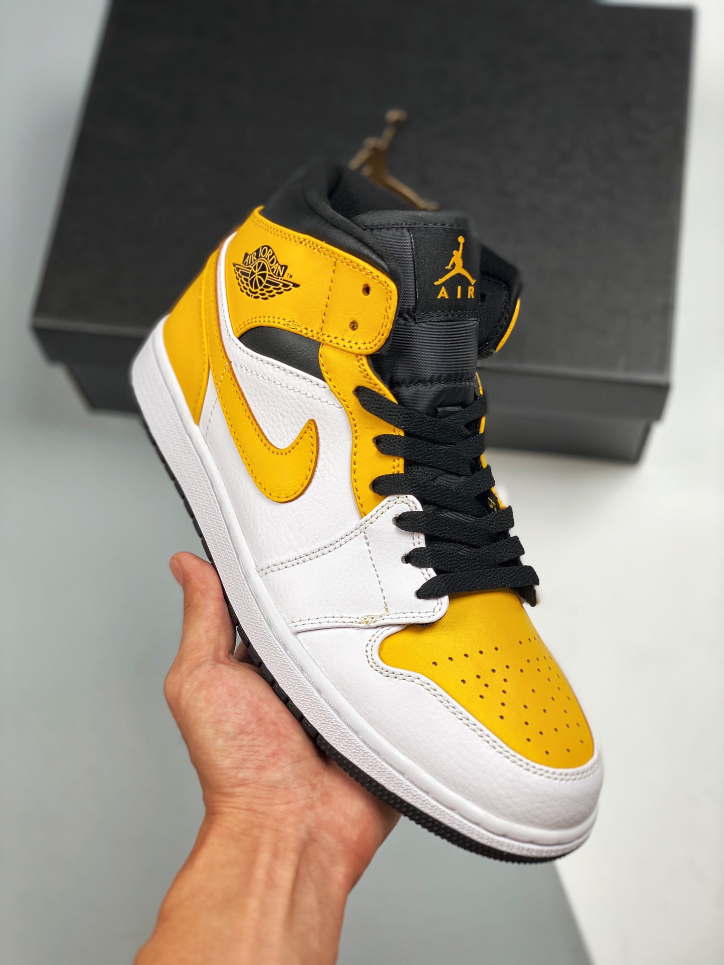 Apoyo para tienda 3 Air Jordan 1 Mid negro/amarillo, serie mid, nuevo lote, suela original con molde original, cuero pe…