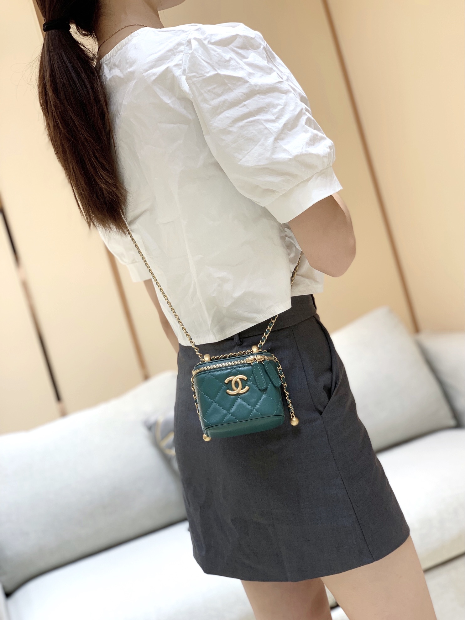 Chanel 高级手工坊双金珠系列盒子斜挎包 AP2292绿色