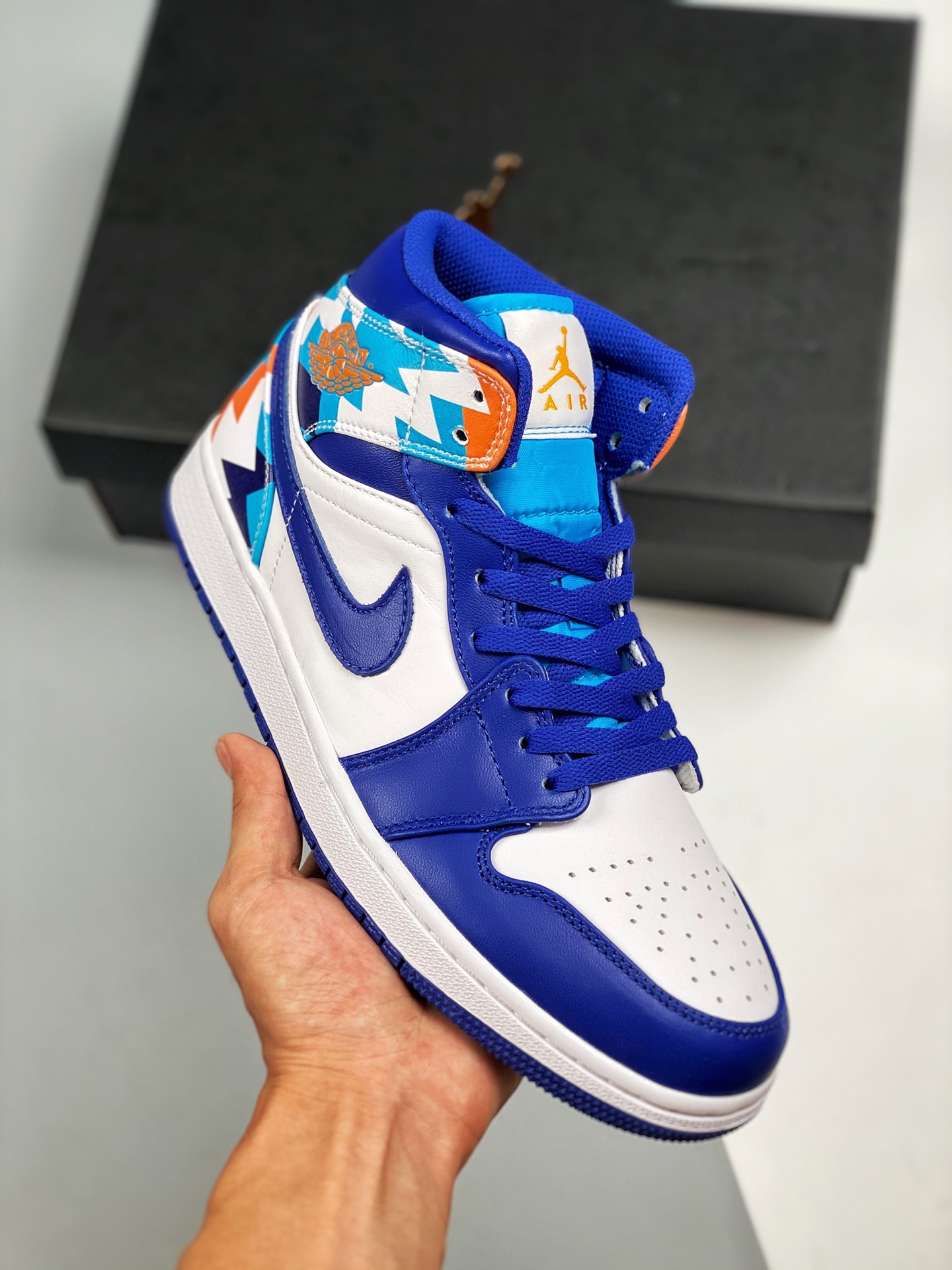 Apoyo a la tienda 3 Air Jordan 1 Mid blanco y azul geométrico serie mid, nuevo lote, suela original con molde original,…