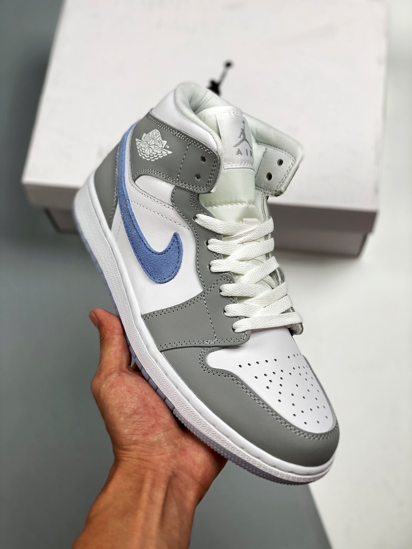 Air Jordan 1 Mid azul hielo gris humo pequeño Dior serie mid, nuevo lote, suela original con molde original, toda la za…