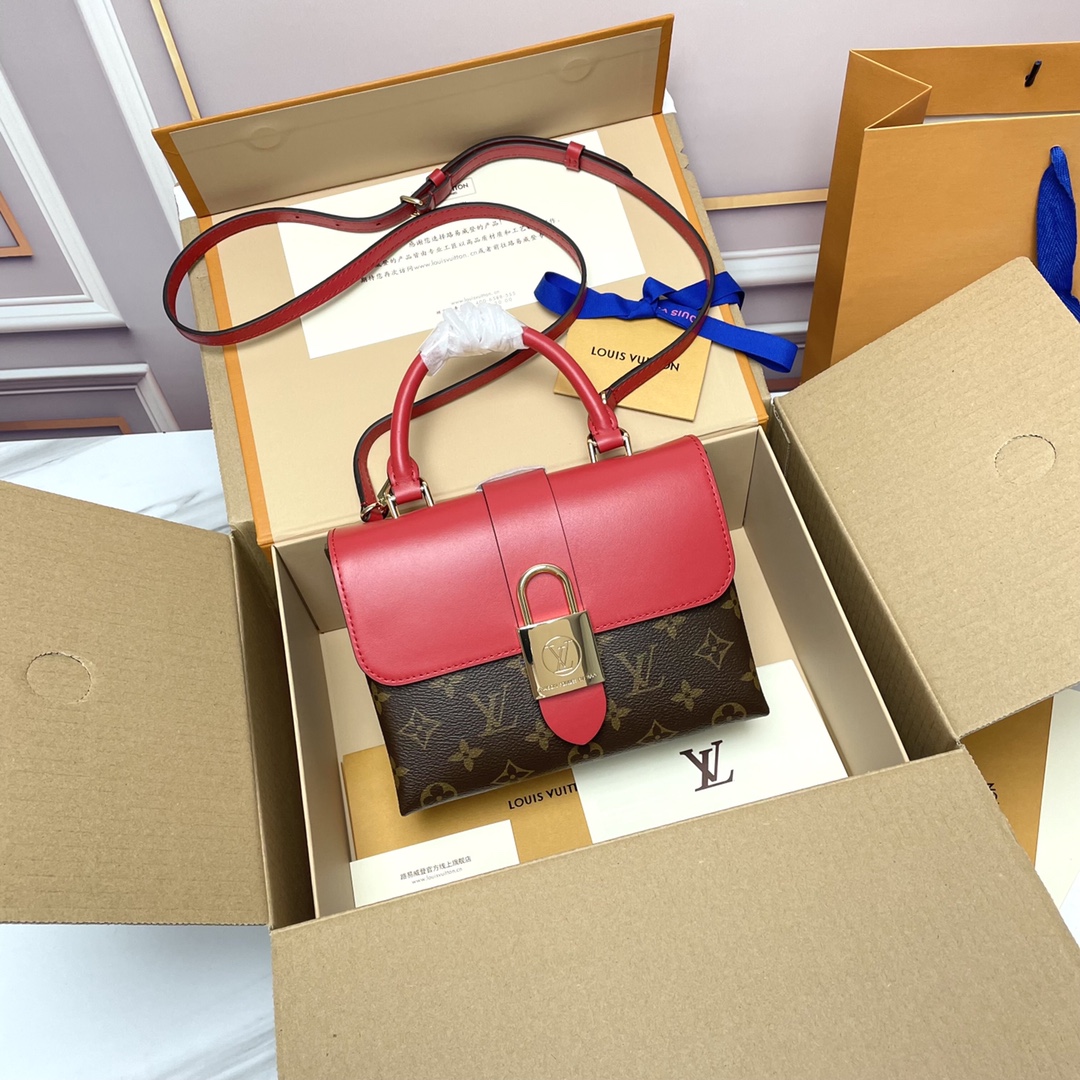 Louis Vuitton LV Locky BB Bags Handbags Gold Red Monogram Canvas Cowhide Fashion M44321