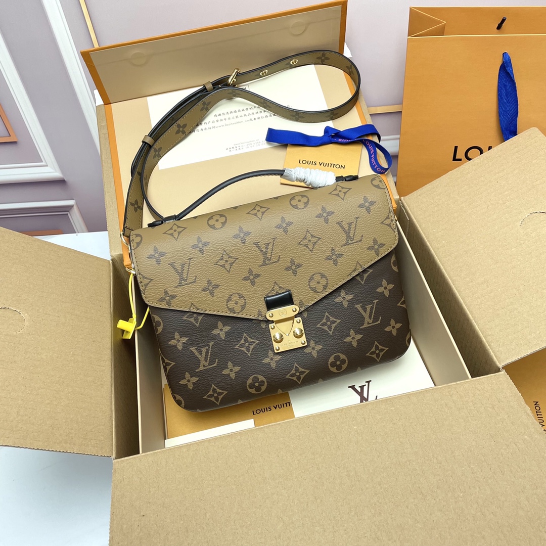 Louis Vuitton LV Pochette MeTis Bags Handbags Gold Yellow Monogram Reverse Canvas Cowhide M44876
