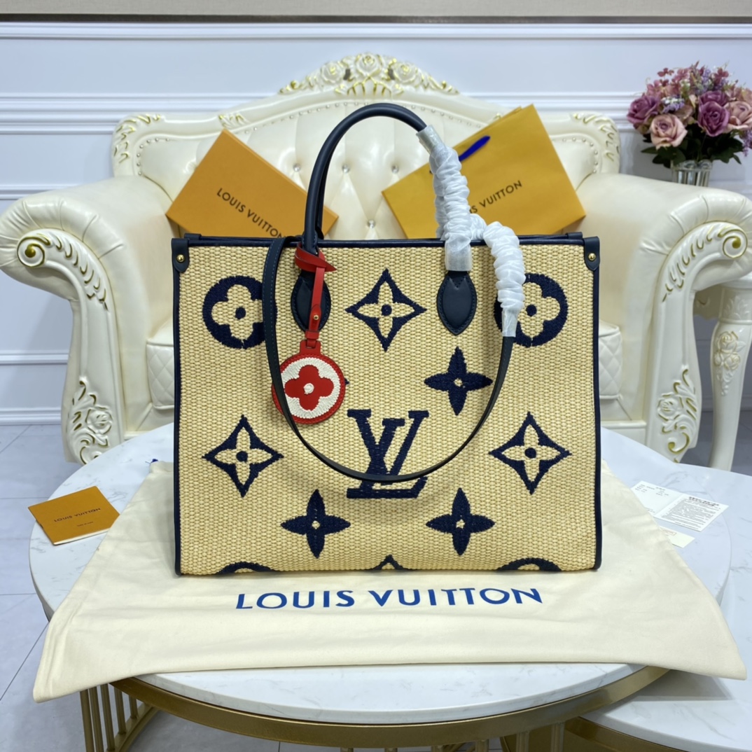 Louis Vuitton LV Onthego Tote Bags Embroidery Cotton Fabric Raffia Beach M57723